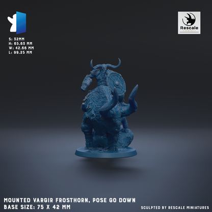 The image is a 3D rendering of a mounted Vargir Frosthorn, a fantasy creature with horns and a shield, posed in a crouched position. The base size of the figurine is 75 x 42 mm.