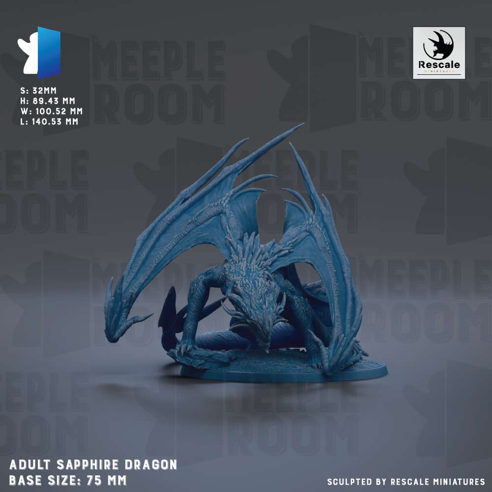 The image is a 3D rendering of an adult sapphire dragon figurine, with the dragon in a crouched position. The dragon is depicted in a realistic style, with intricate details and a lifelike appearance. The image is described as a "sculpted by Rescue miniatures" and is labeled as a "base size: 7.5 mm".