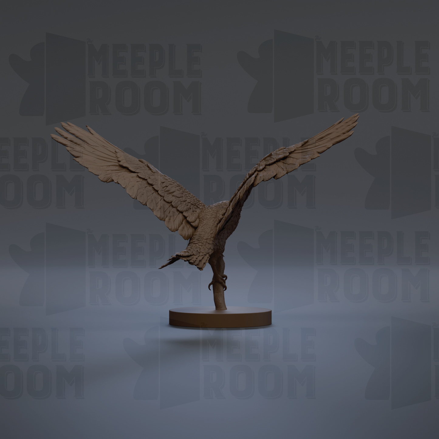 A 3D rendering of a bird statue with outstretched wings, standing on a circular base.