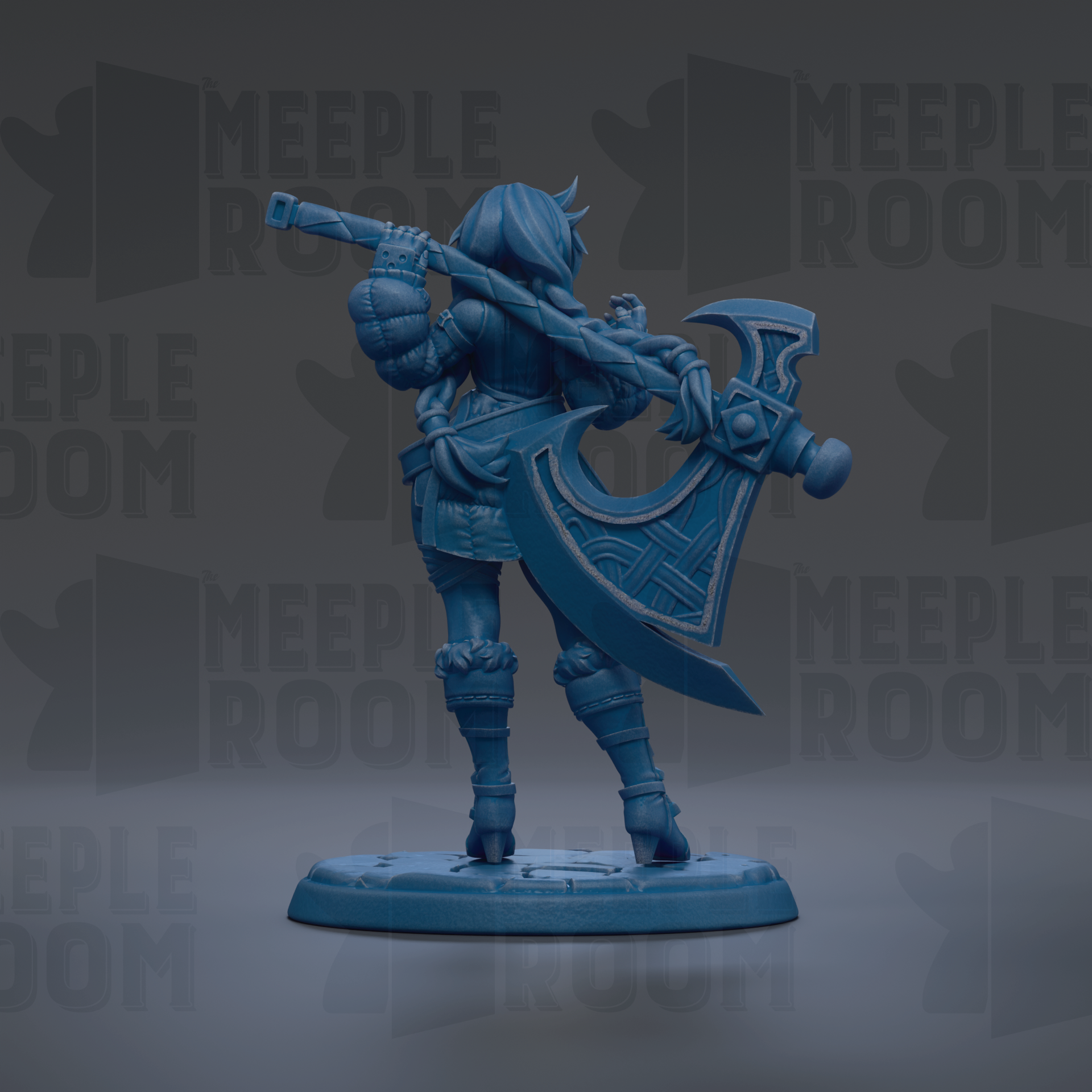 A blue figurine of a female character holding a large weapon, standing on a base.