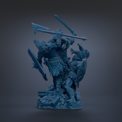 A 3D rendering of a warrior figure wielding a sword and shield, standing on a rocky base.
