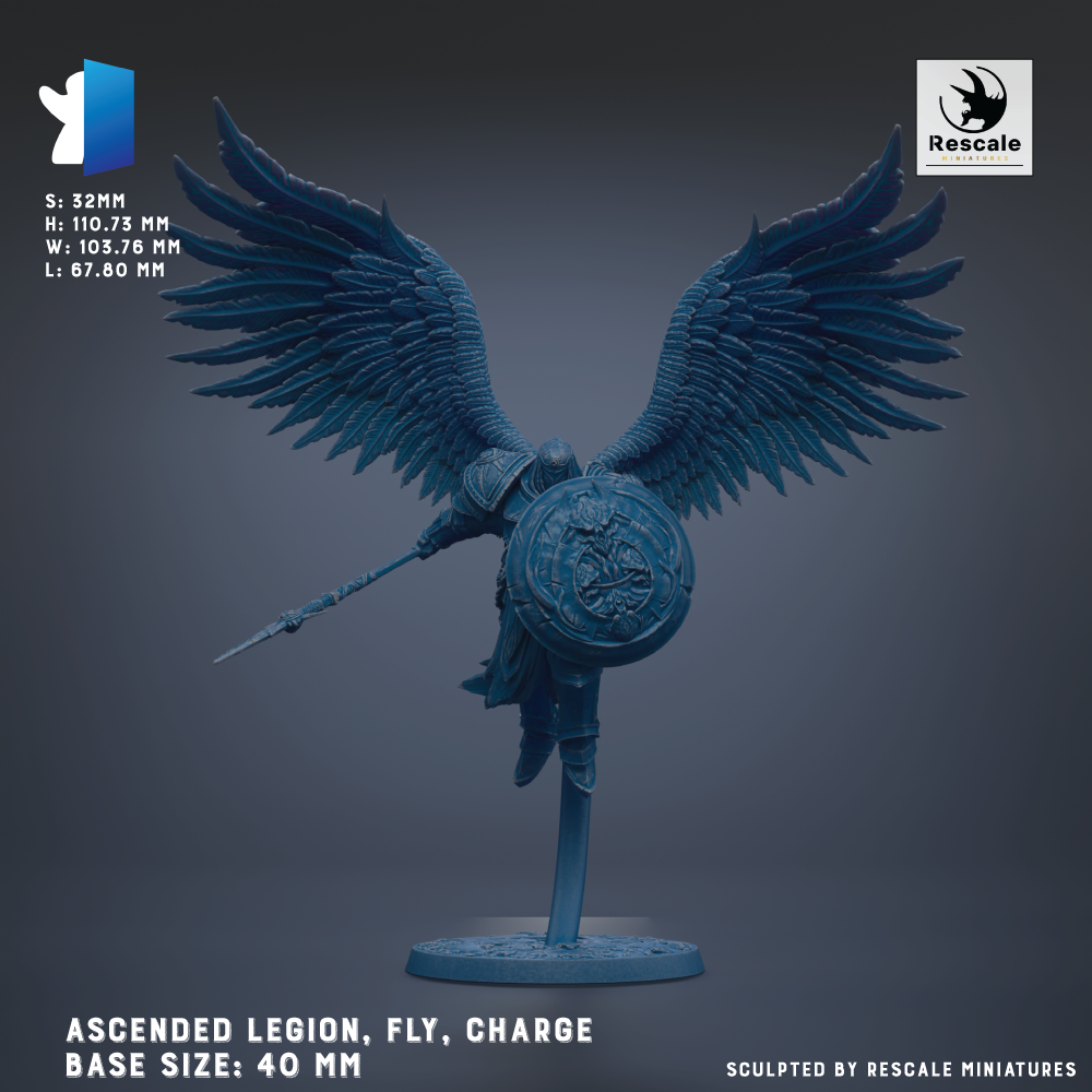 a winged figure with a shield, standing on a base. The figure is described as an "ascended Legion, fly, charge" and is shown in various sizes, ranging from 40 to 70 millimeters. The image is described as a "sculpted by Rescue miniatures" and is part of a collection of miniatures.