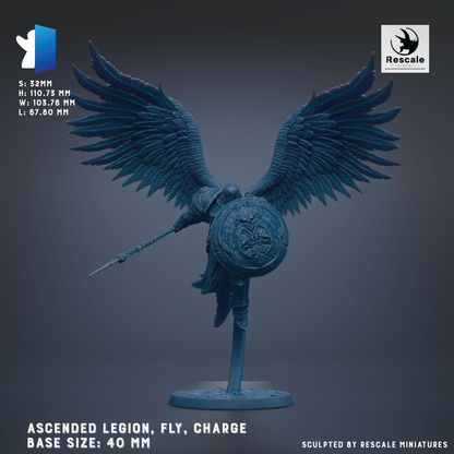 a winged figure with a shield, standing on a base. The figure is described as an "ascended Legion, fly, charge" and is shown in various sizes, ranging from 40 to 70 millimeters. The image is described as a "sculpted by Rescue miniatures" and is part of a collection of miniatures.