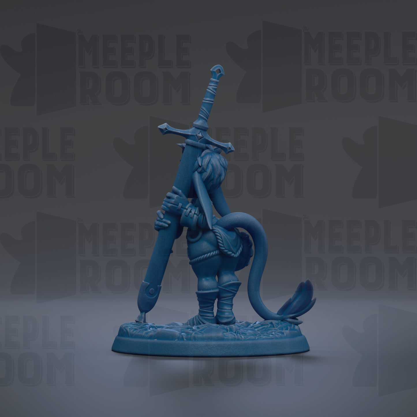 A blue figurine of a character holding a sword and a shield, standing on a base.