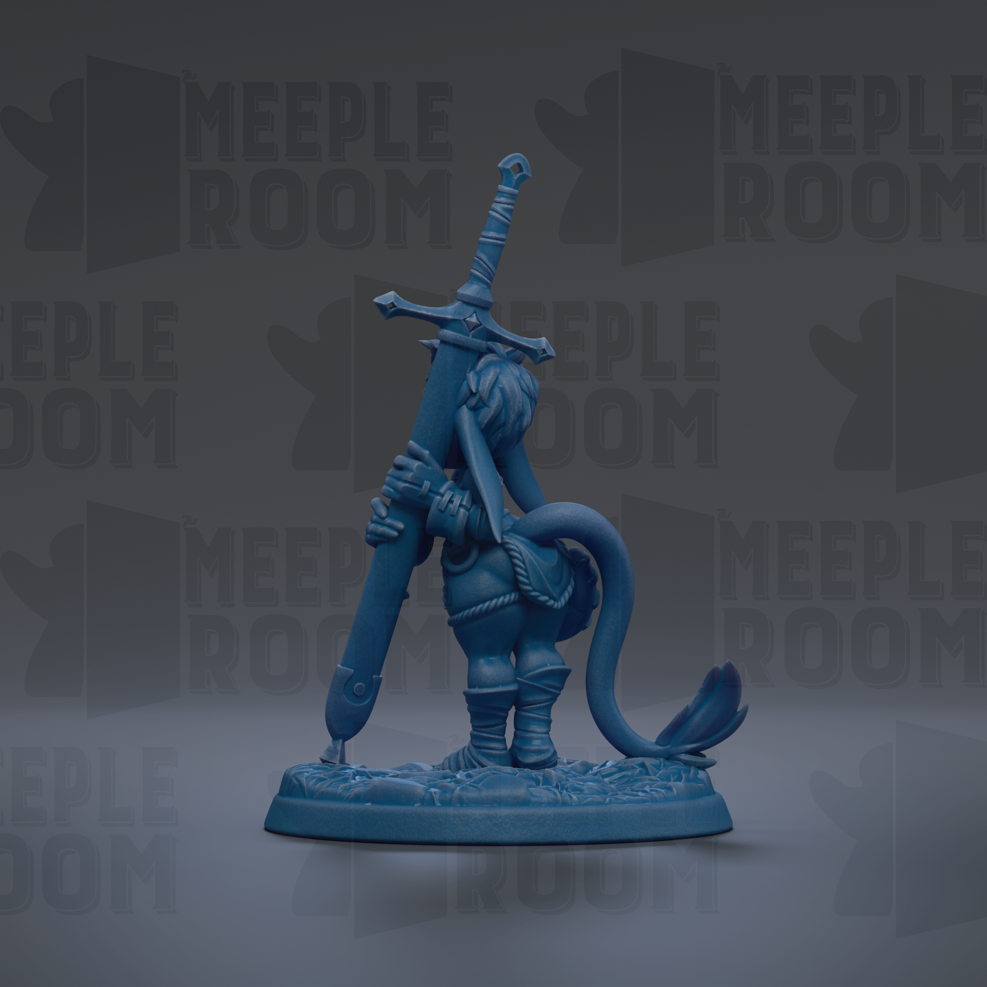 A blue figurine of a character holding a sword and a shield, standing on a base.