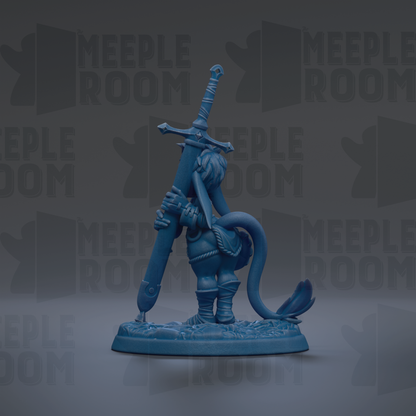 A blue figurine of a character holding a sword and a shield, standing on a base.