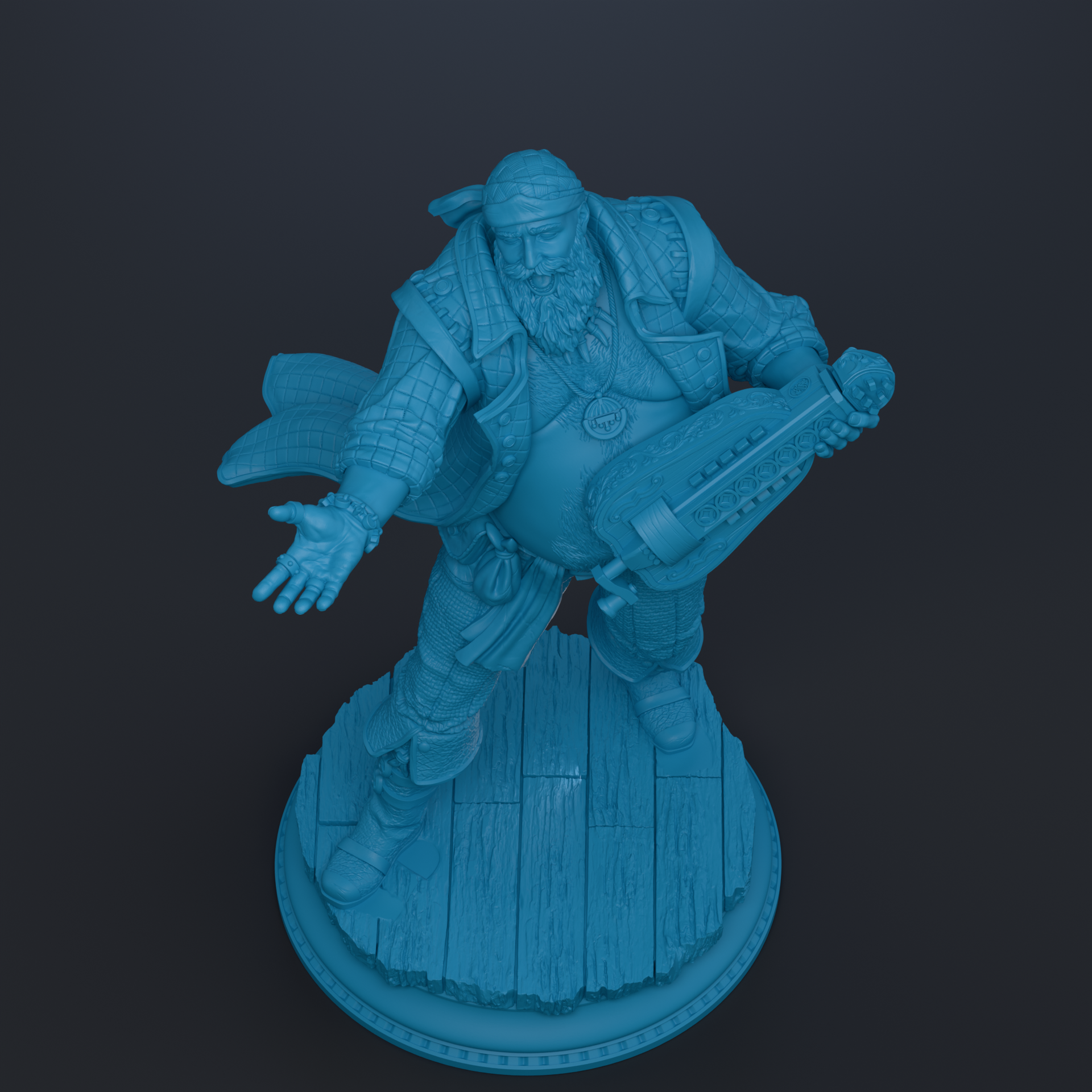 A blue statue of a pirate figure holding a sword and shield, standing on a wooden base.