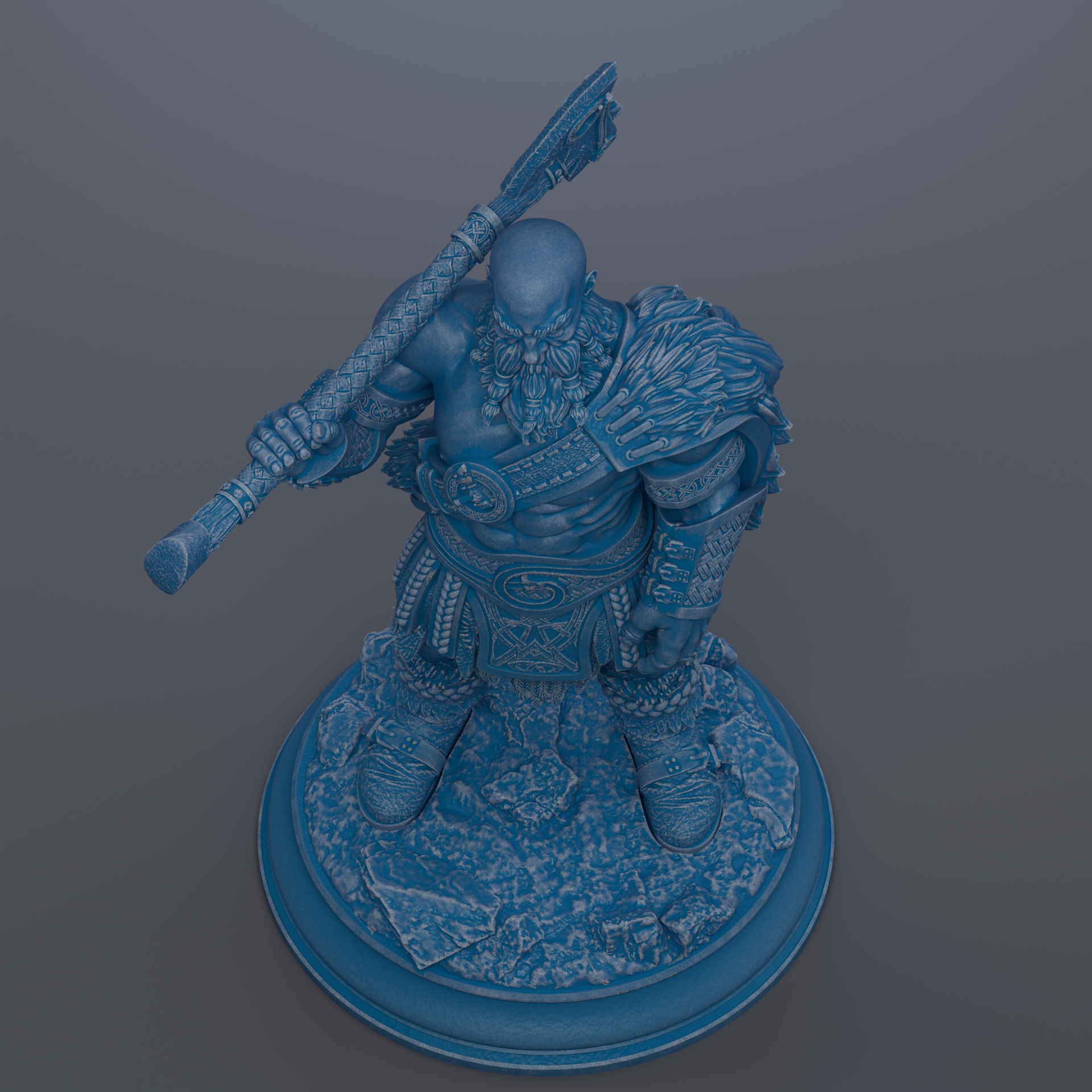 A blue, 3D-rendered statue of a muscular, bearded warrior figure holding a large weapon and standing on a rocky base.