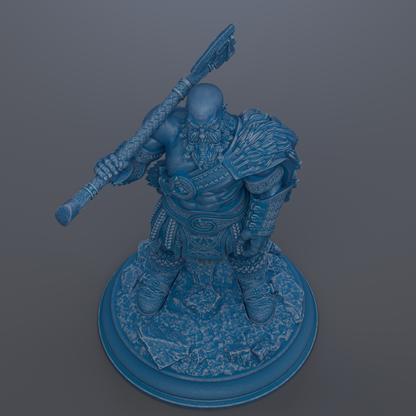 A blue, 3D-rendered statue of a muscular, bearded warrior figure holding a large weapon and standing on a rocky base.
