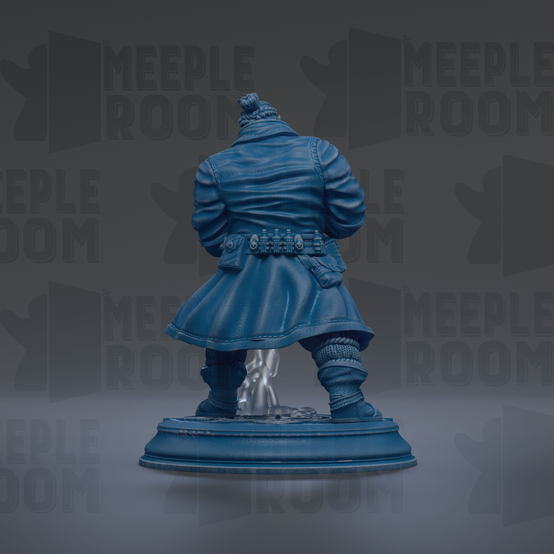 A blue statue of a person standing on a pedestal against a dark background.