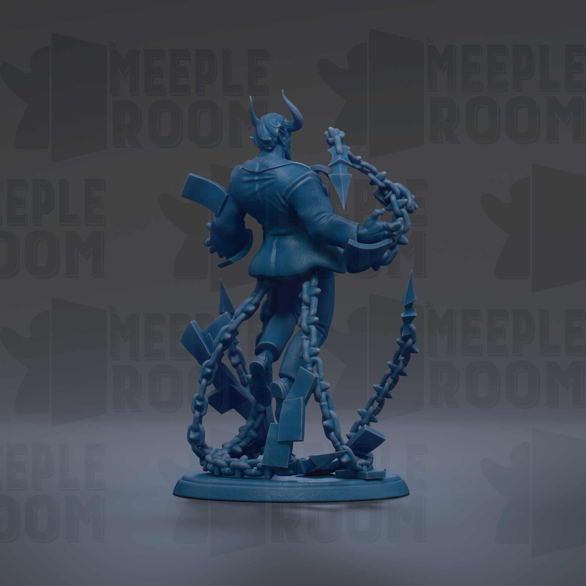 A blue, 3D-rendered statue of a figure with horns and chains, standing on a base.