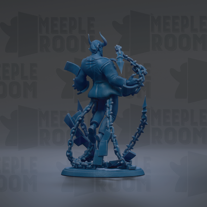 A blue, 3D-rendered statue of a figure with horns and chains, standing on a base.