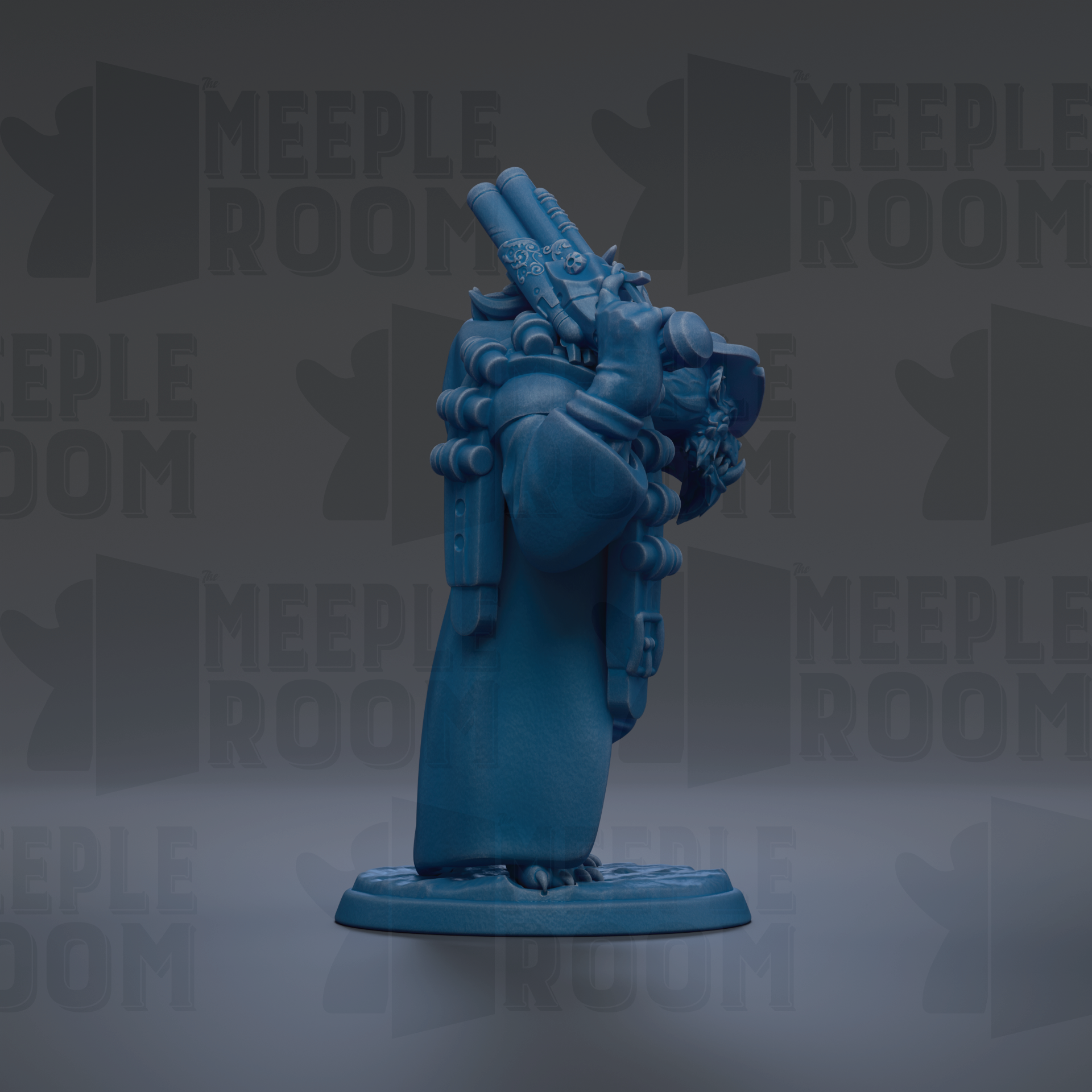 A blue figurine of a person standing on a base, with the text "MEIPLLE ROOM" repeated in the background.