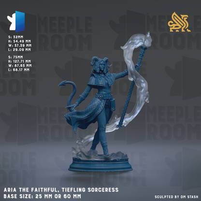 a statue of a female figure with a staff, wearing a flowing robe and holding a staff with a flame at the end. The statue is made of a material that appears to be blue or silver, and it is standing on a pedestal. The statue is described as "Aria the Faithful, Tiefling Sorcereress" and is shown in a base size of 25mm or 60mm. The image is a collage of multiple images, and it is not a single image but a collection of images.