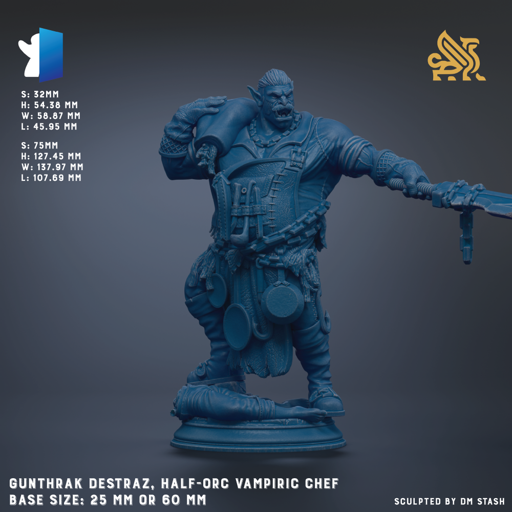 The image is a 3D model of a character, specifically a half-org Vampire chef, depicted in a blue color. The character is shown in a dynamic pose, with a sword in hand, suggesting action or combat. The image is described as a "base size: 25mm or 60mm" and is "sculpted by dm stash".