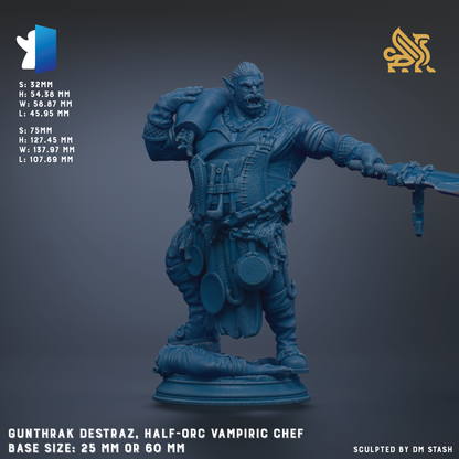 The image is a 3D model of a character, specifically a half-org Vampire chef, depicted in a blue color. The character is shown in a dynamic pose, with a sword in hand, suggesting action or combat. The image is described as a "base size: 25mm or 60mm" and is "sculpted by dm stash".