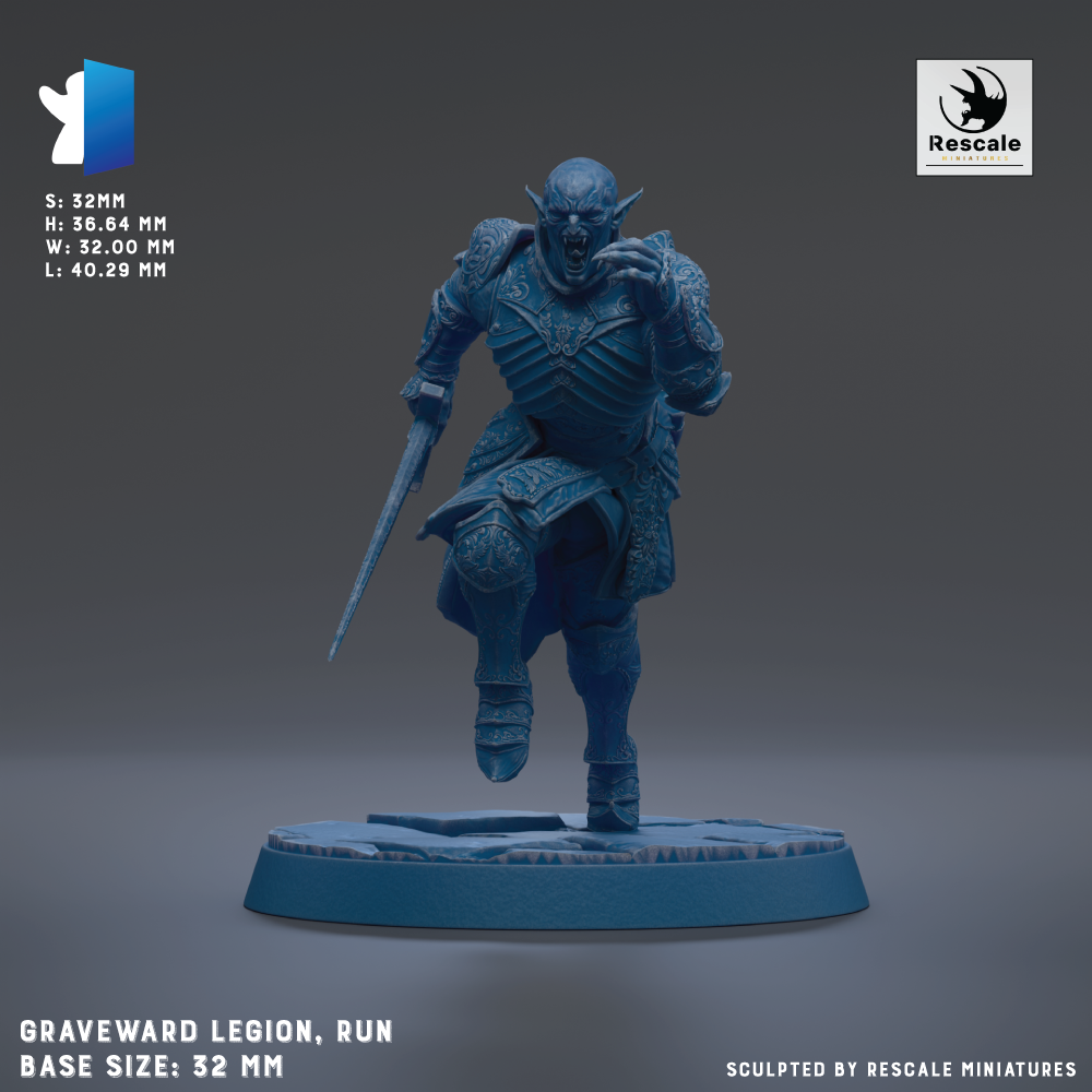 a figurine of a warrior standing on a base, holding a sword and shield. The figurine is in a dynamic pose, suggesting movement or action. The base size of the figurine is 32mm.