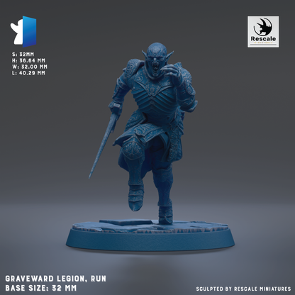 a figurine of a warrior standing on a base, holding a sword and shield. The figurine is in a dynamic pose, suggesting movement or action. The base size of the figurine is 32mm.
