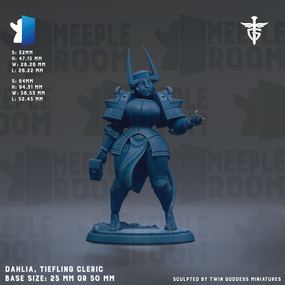 a detailed figurine of a warrior-like character, likely a tieflingcleric, with a blue color scheme. The figurine is standing on a base that is either 25mm or 50mm in size, depending on the specific description. The background of the image is a dark gray color, which contrasts with the figurine and makes it stand out. The figurine is the main focus of the image, and there are no other objects or text present.