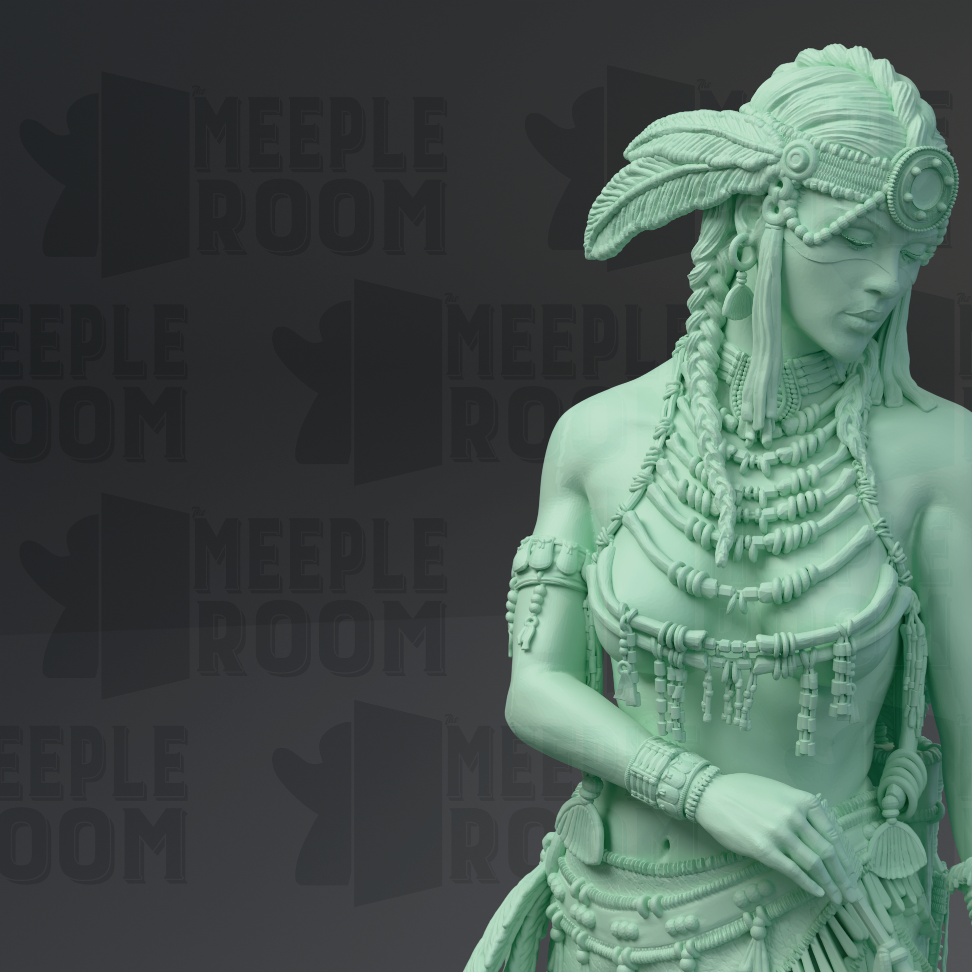 A green statue of a woman with intricate headdress and jewelry, standing against a dark background with repeated text.