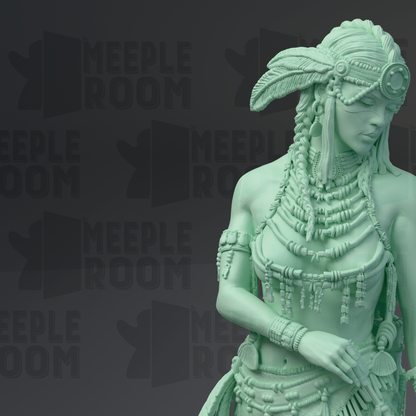 A green statue of a woman with intricate headdress and jewelry, standing against a dark background with repeated text.