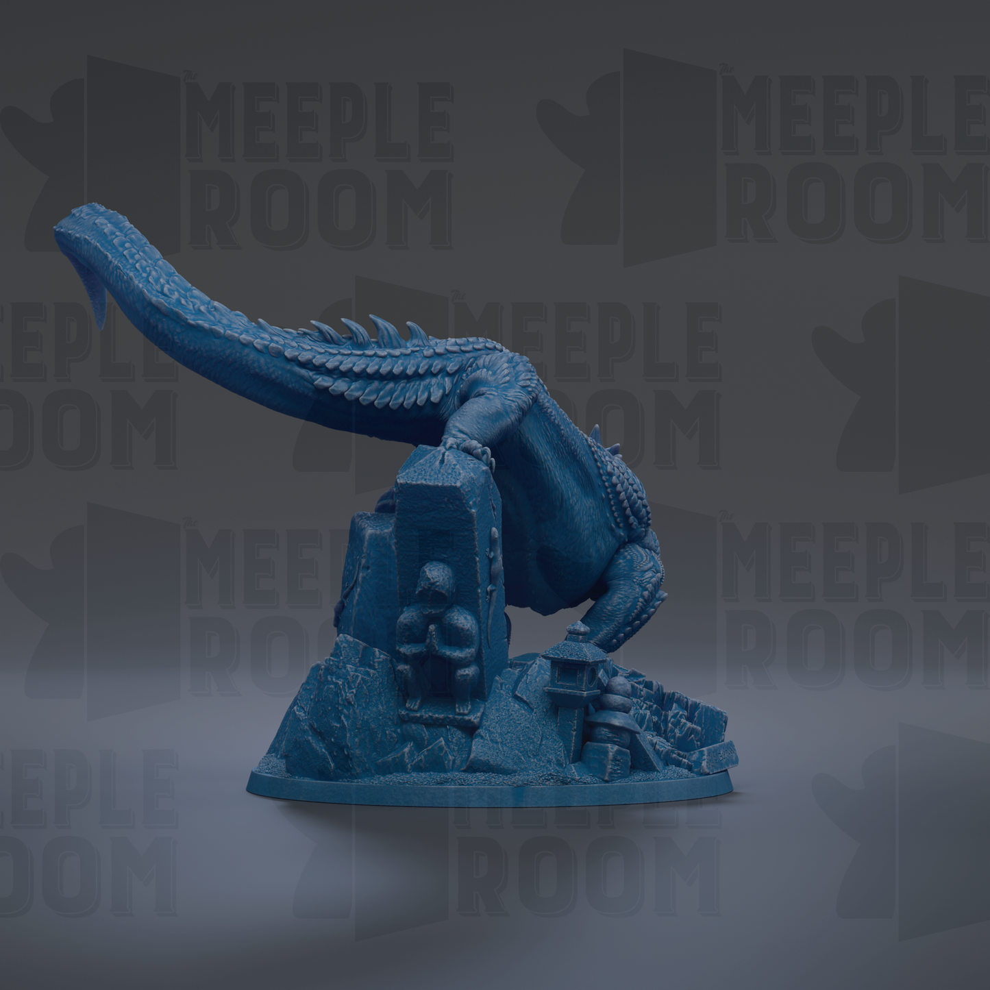 A blue figurine of a dragon-like creature with a long tail and sharp teeth, standing on a rock formation.