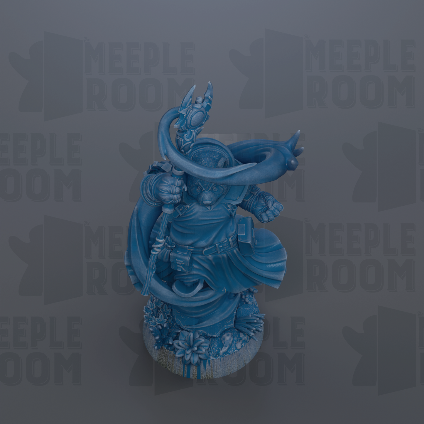 A blue figurine of a person holding a staff and a shield, standing on a base with flowers, against a gray background with repeated text.