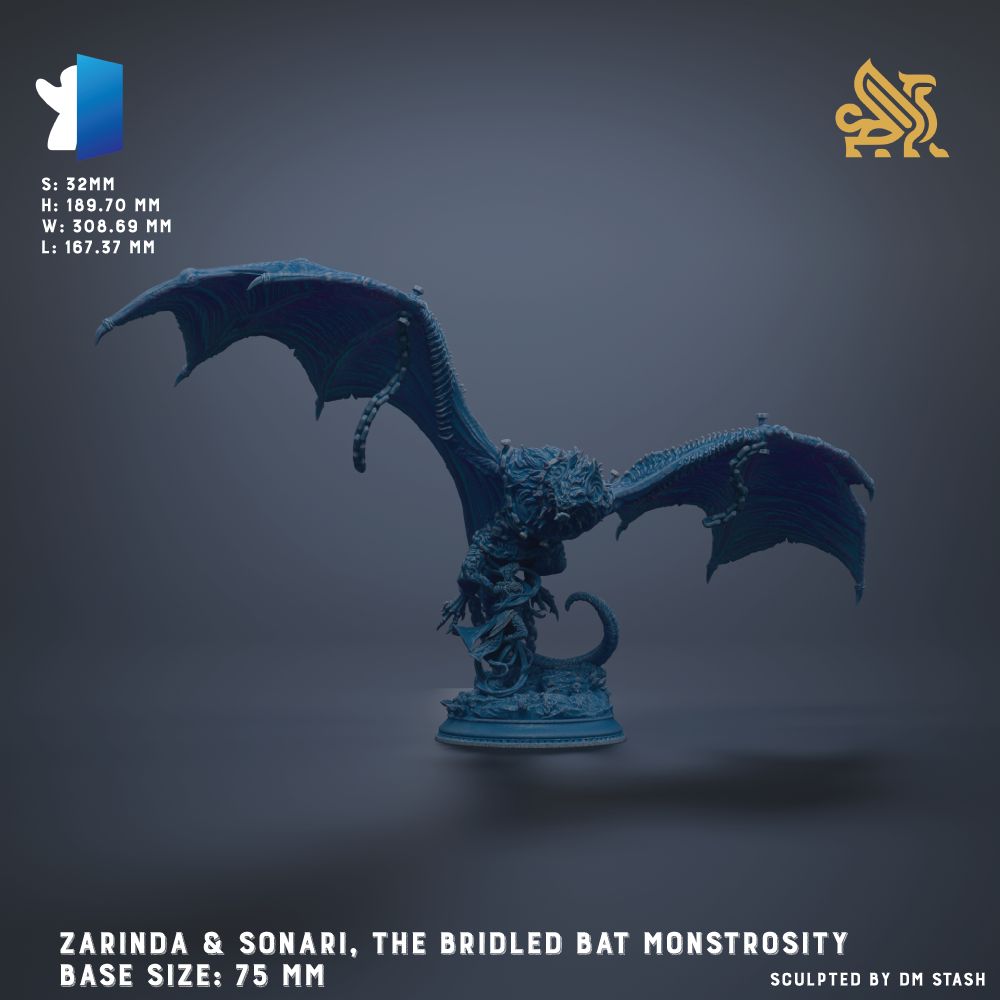 a 3D model of a bat-like creature, possibly a dragon or a bat-like monster, with wings spread out. The creature is depicted in a blue color, and the image is described as a 3D model of a bat-like creature with wings spread out.