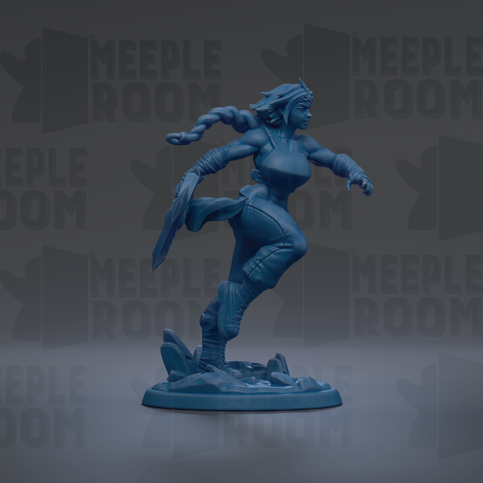 A blue figurine of a female character with braided hair and a determined expression, standing on a base and holding a weapon.