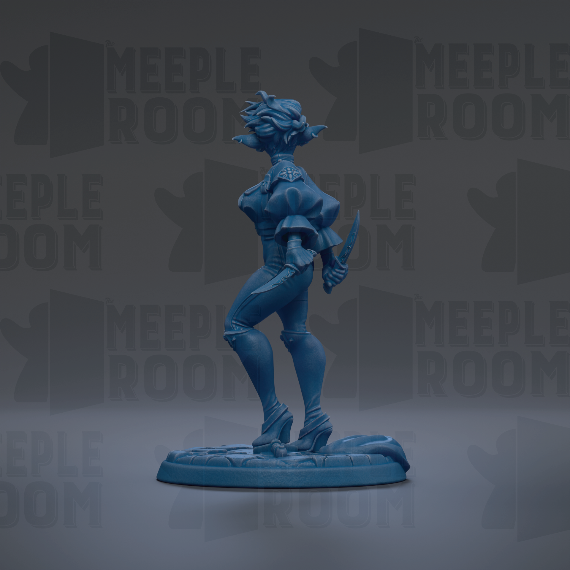 A blue figurine of a woman with a sword stands on a base against a dark background with repeated "MEIPLE ROOM" text.