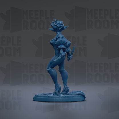 A blue figurine of a woman with a sword stands on a base against a dark background with repeated "MEIPLE ROOM" text.