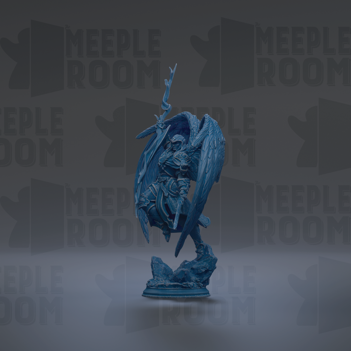A blue figurine of a winged figure with a sword stands against a dark background with repeated "MEIPLE ROOM" text.