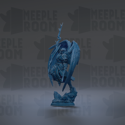 A blue figurine of a winged figure with a sword stands against a dark background with repeated "MEIPLE ROOM" text.