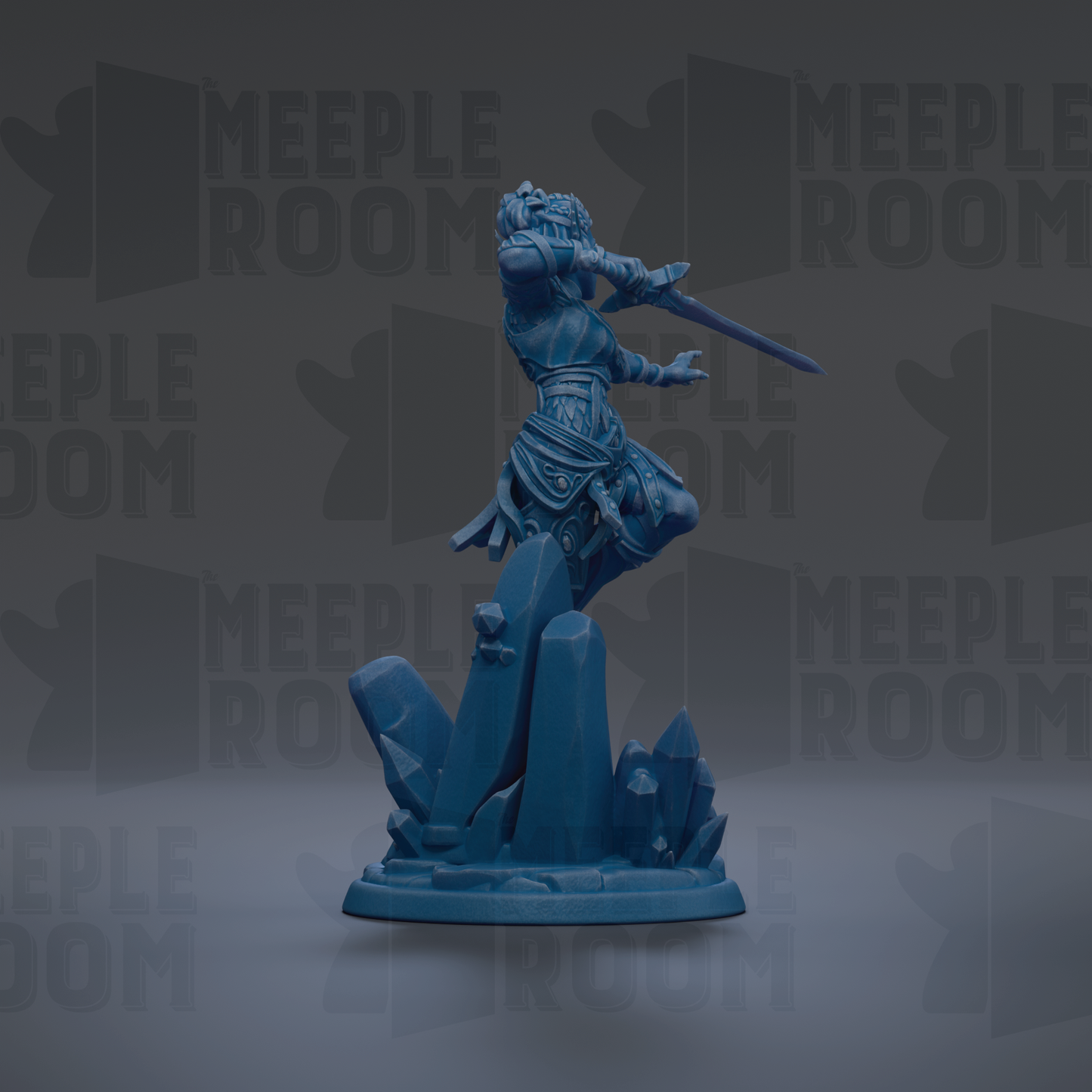 A blue figurine of a warrior wielding a sword, standing on a rocky base with a dramatic pose.