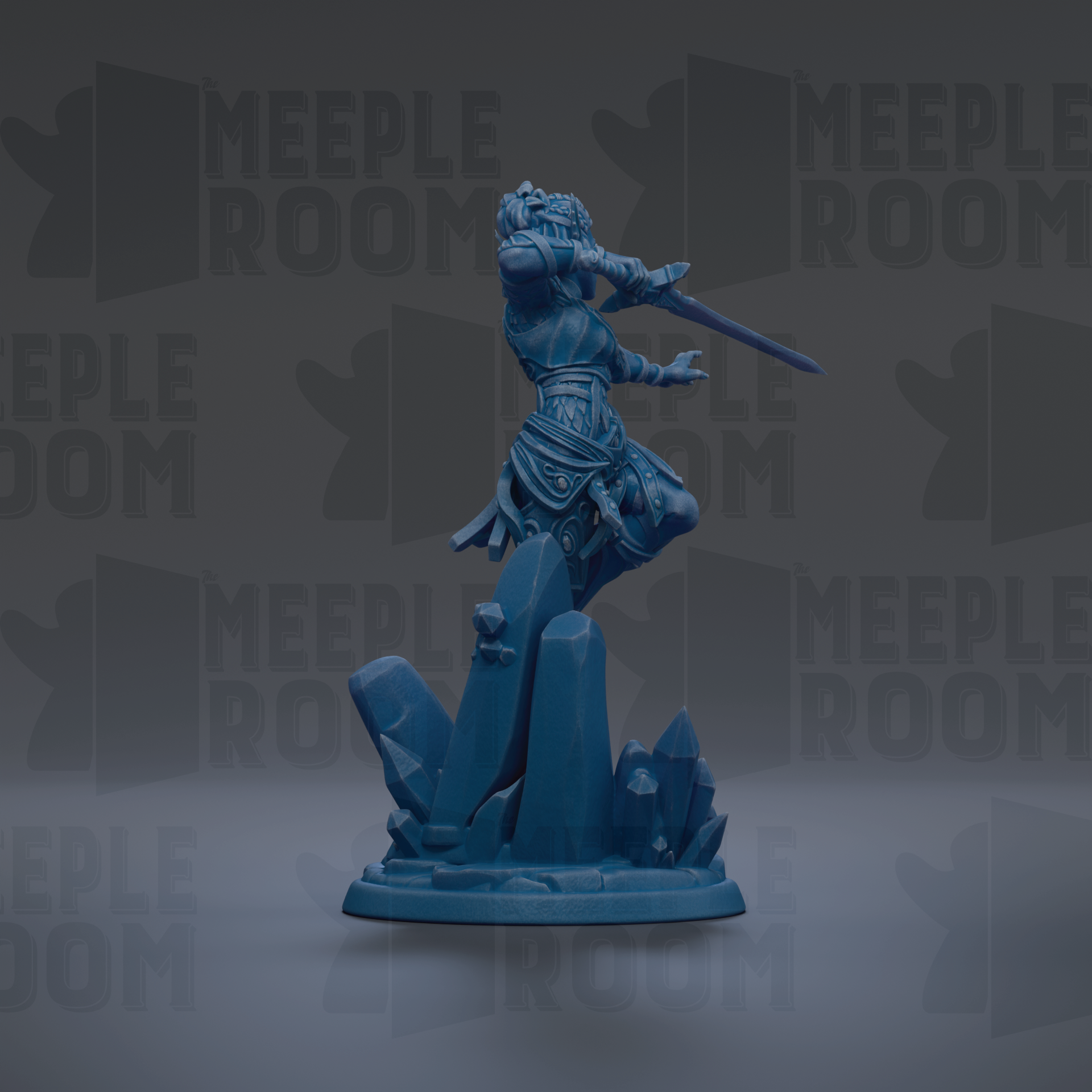 A blue figurine of a warrior wielding a sword, standing on a rocky base with a dramatic pose.