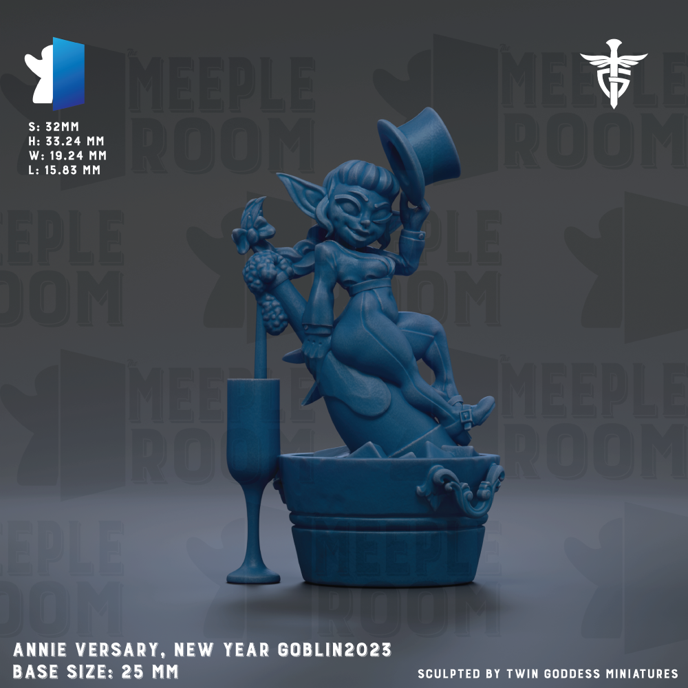 The image is a 3D rendering of a figurine of a female character, possibly a New Year Goblin, with a top hat and a wine glass. The figurine is sitting in a bathtub, and the background features the text "MEEPLE ROOM" repeated multiple times. The image is described as a base size of 25mm and is sculpted by Twin Goddess Miniatures.