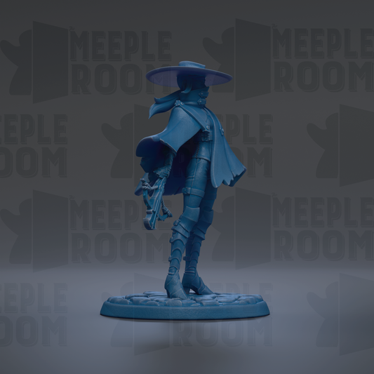 A blue figurine of a person wearing a hat and holding a weapon, standing on a base against a dark background with repeated text.