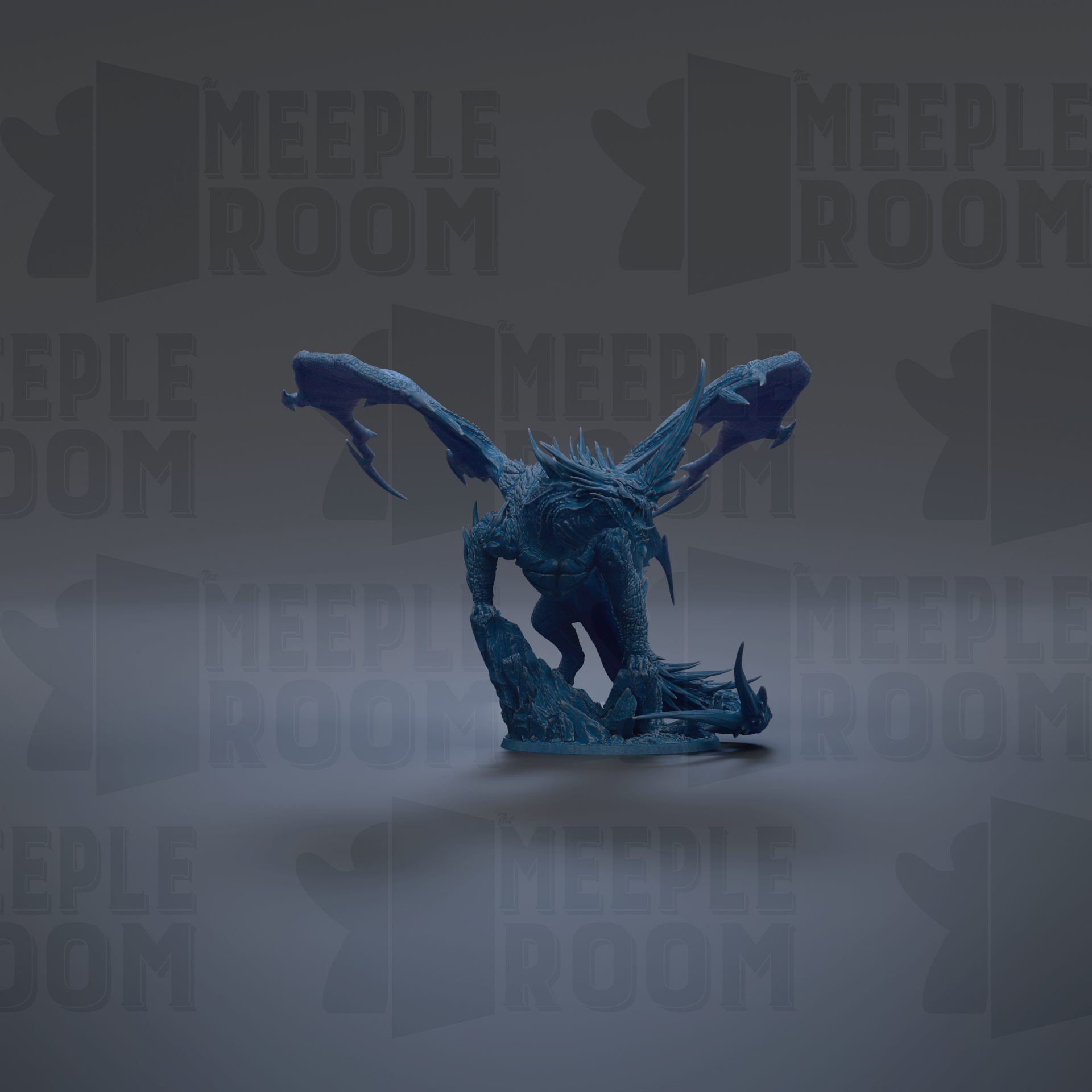 A blue dragon figurine is shown against a dark background with repeated text.