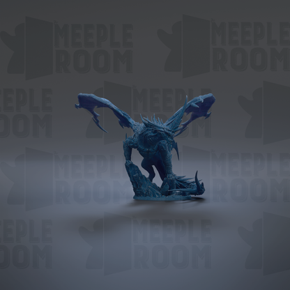A blue dragon figurine is shown against a dark background with repeated text.