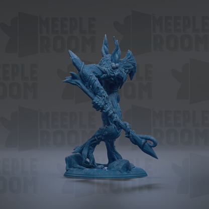 A blue, 3D-rendered fantasy creature with sharp teeth and claws, standing on a rock and holding a weapon.