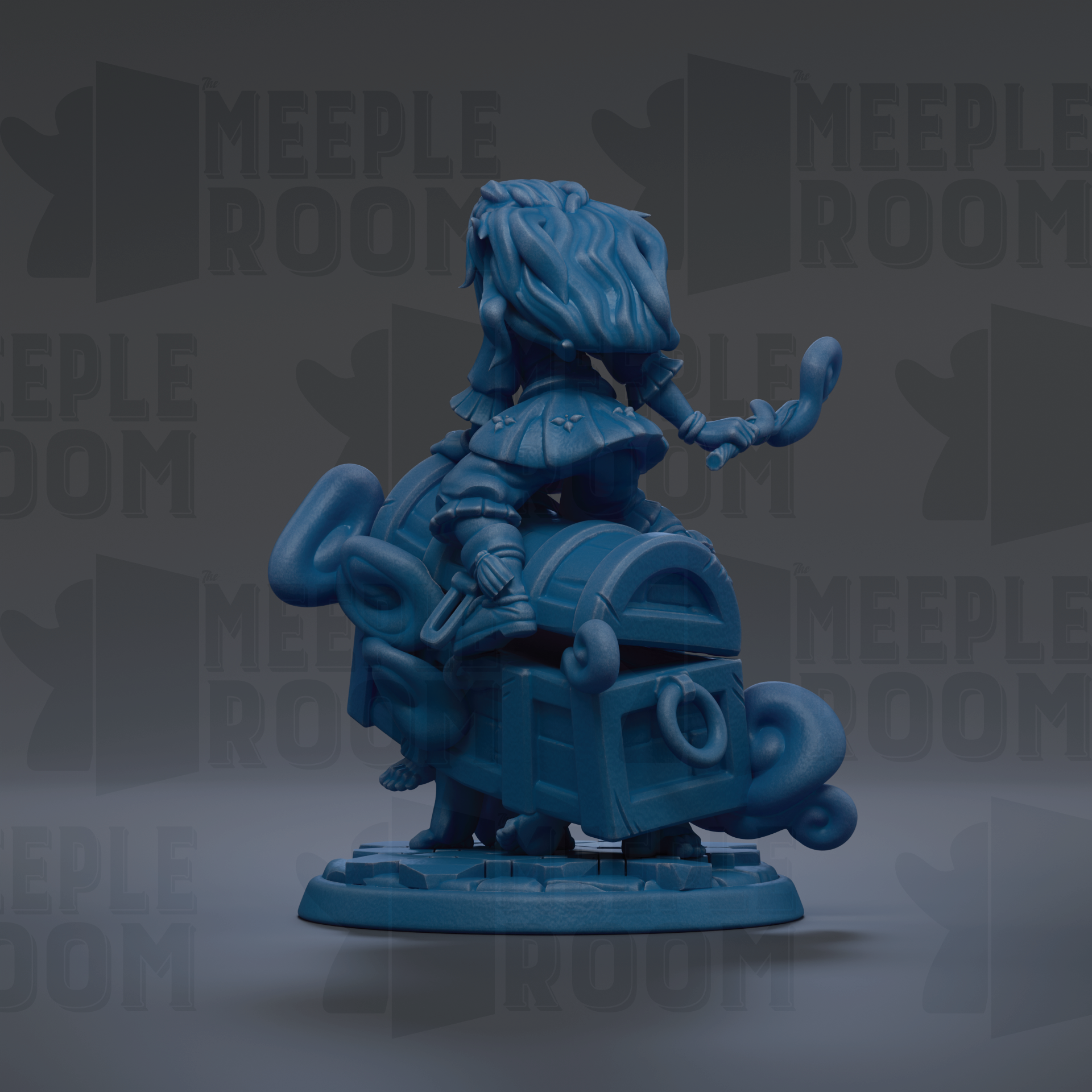 A blue figurine of a character with long hair and a flowing robe, sitting on a chest with a lock, against a dark background with repeated text.