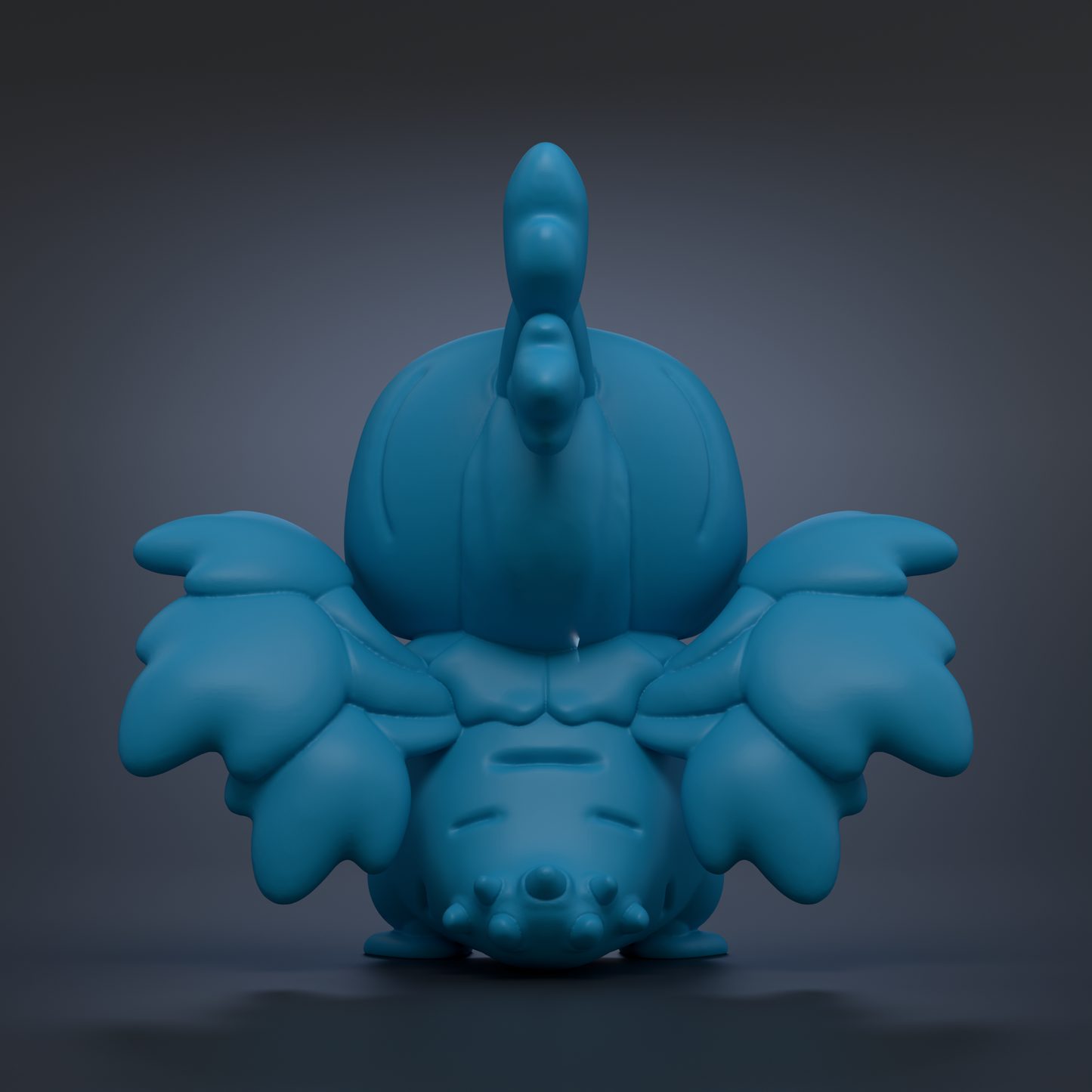 A blue, cartoon-like character with a large head and wings, standing on a dark background.