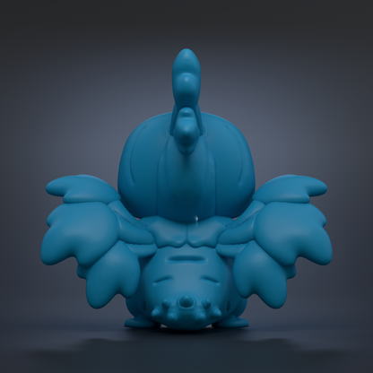 A blue, cartoon-like character with a large head and wings, standing on a dark background.