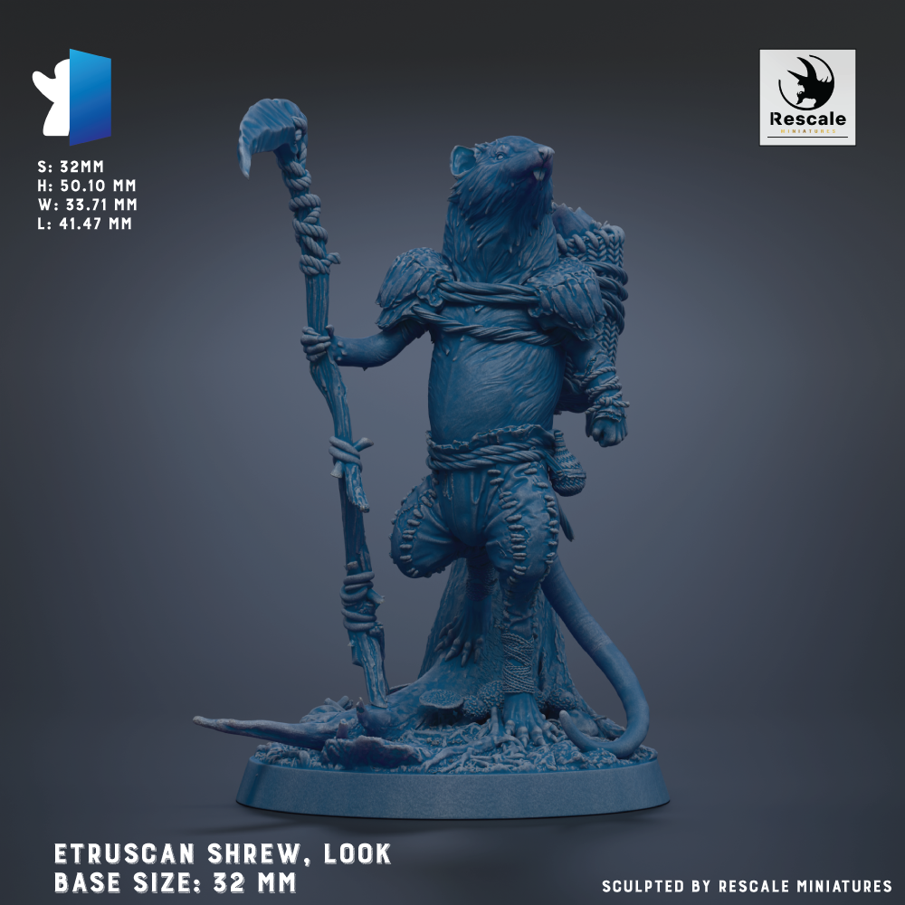 The image is a figurine of a blue-colored creature, possibly a rat or a similar rodent, holding a staff or staff-like object and standing on a base. The figurine is described as having a shawl, a staff, and a bag, suggesting it is a detailed and intricate representation of a character from a fantasy or adventure setting.