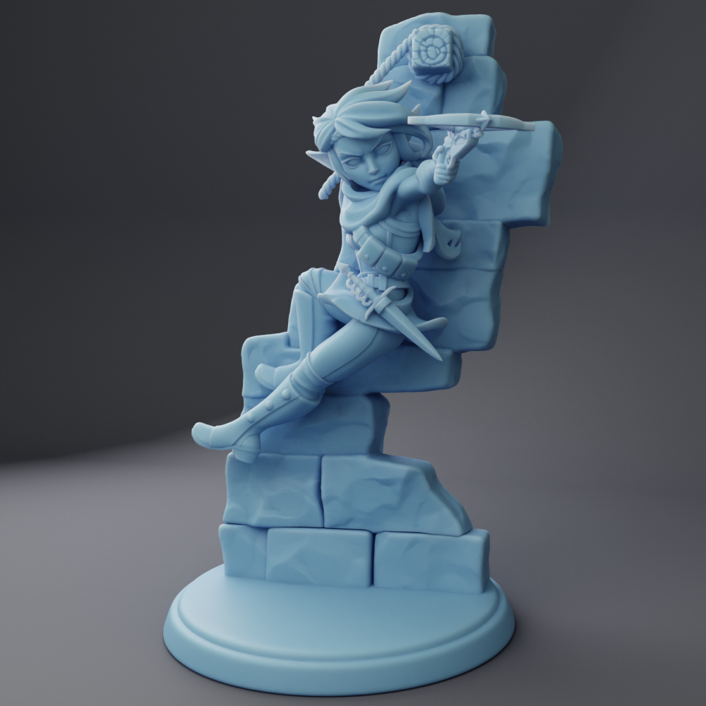 A 3D rendering of a blue-colored statue depicting a figure with a sword, standing on a pedestal.