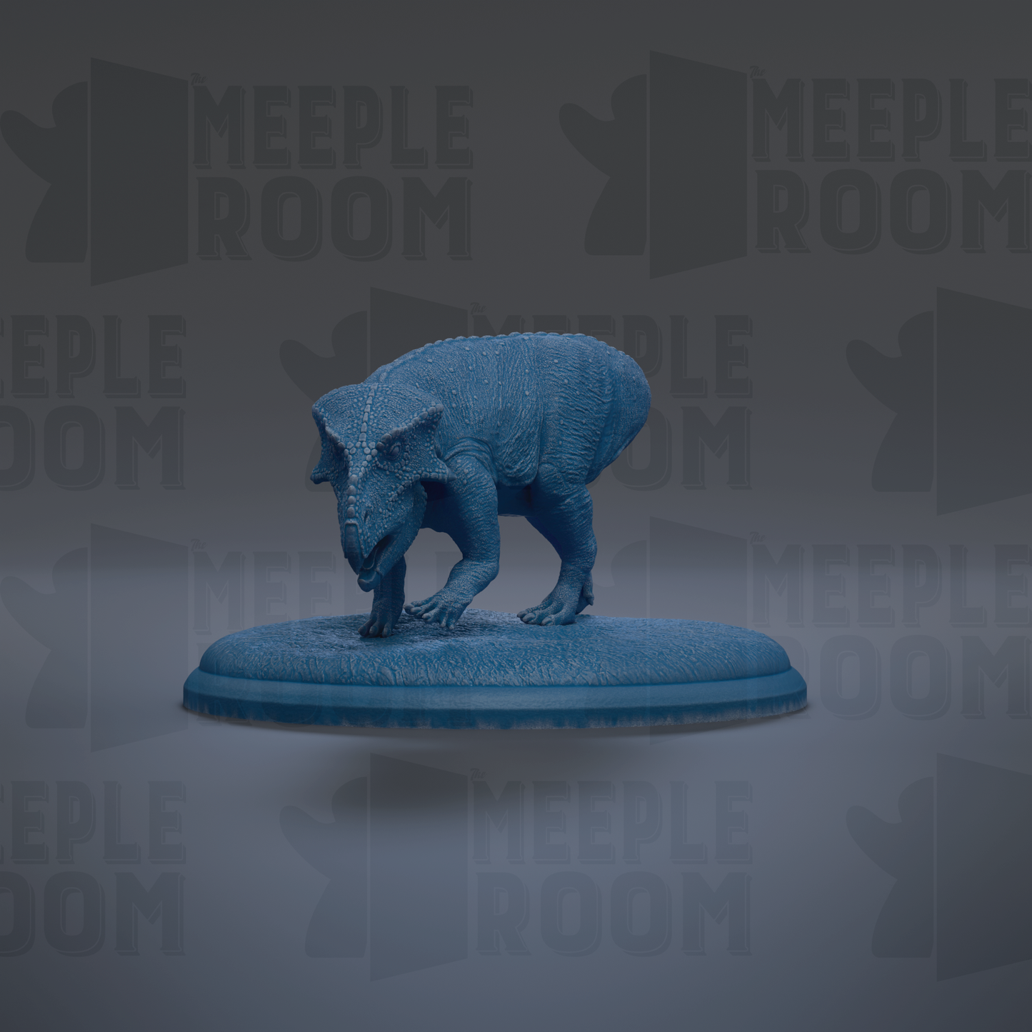 A 3D model of a dinosaur, specifically a meektodom, is displayed on a blue platform against a dark background with repeated "MEIPLLE ROOM" text.
