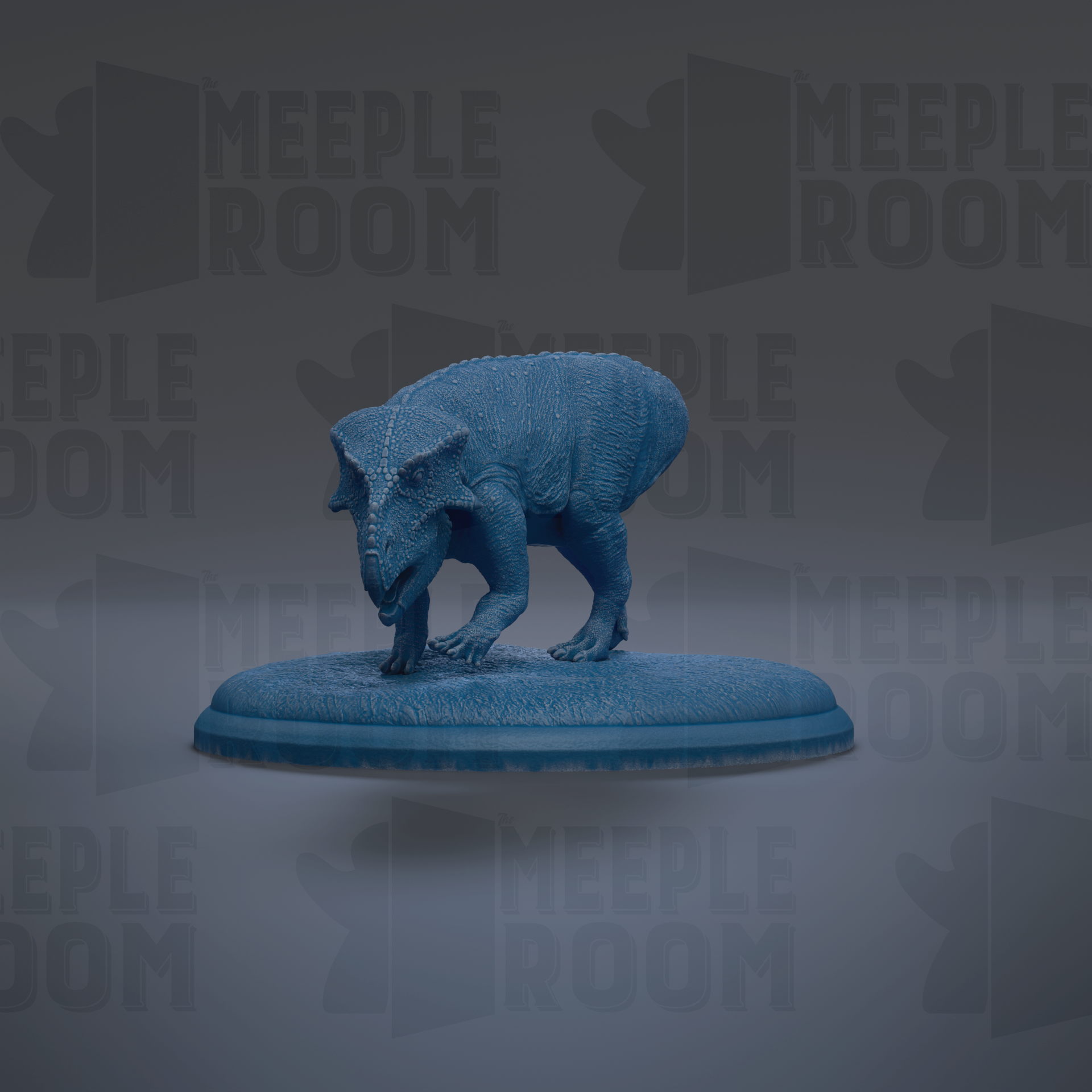 A 3D model of a dinosaur, specifically a meektodom, is displayed on a blue platform against a dark background with repeated "MEIPLLE ROOM" text.