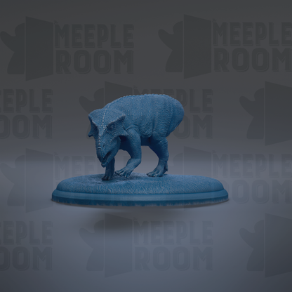 A 3D model of a dinosaur, specifically a meektodom, is displayed on a blue platform against a dark background with repeated "MEIPLLE ROOM" text.