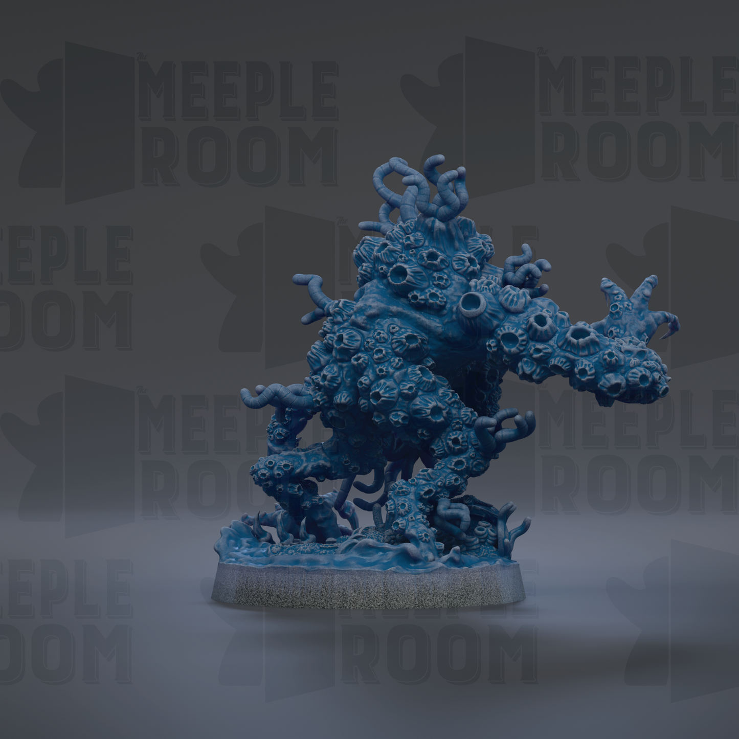 A 3D rendering of a blue, organic-looking creature with tentacles and other organic features, standing on a base.