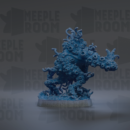 A 3D rendering of a blue, organic-looking creature with tentacles and other organic features, standing on a base.